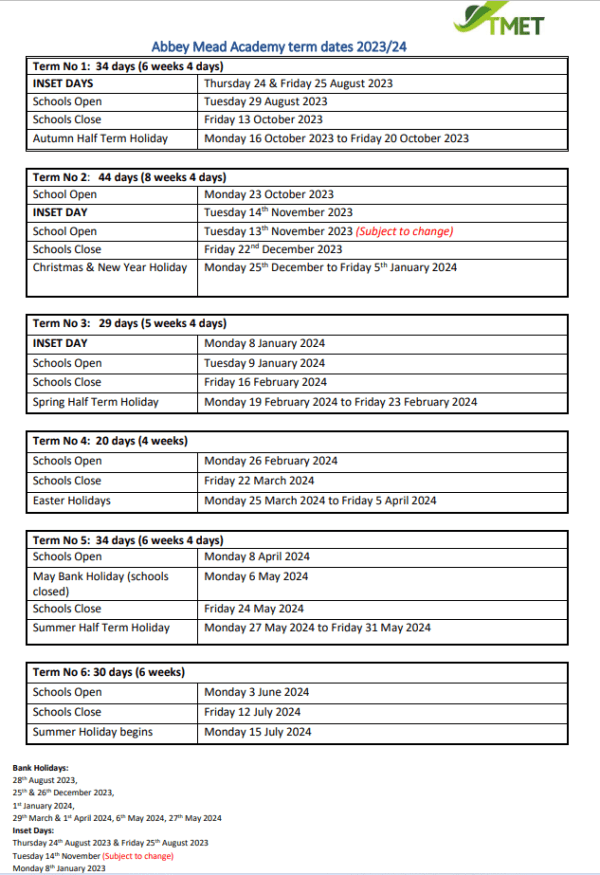 Term Dates Abbey Mead Primary Academy TMET Leicester MAT