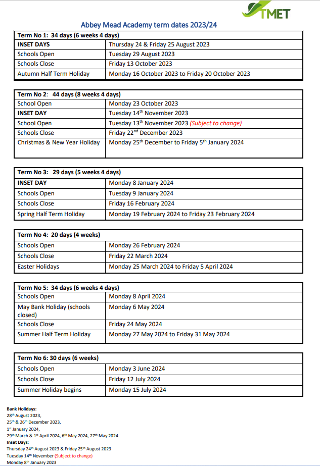 Term Dates Abbey Mead Primary Academy TMET Leicester MAT